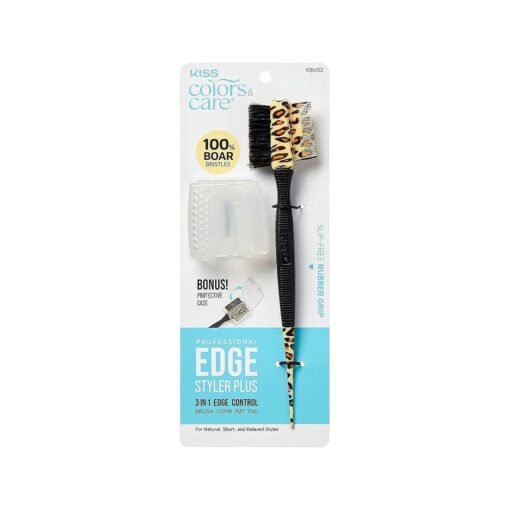 KISS Colors & Care 3-in-1 Professional Edge Styler Plus with Case - Slip-Free Rubber Grip, 100 % Boar Bristles, Fine Tooth Comb, Pin Tail Tool, & Protective Case, Versatile & Ultra-Functional, Smooth & Sleek Styling