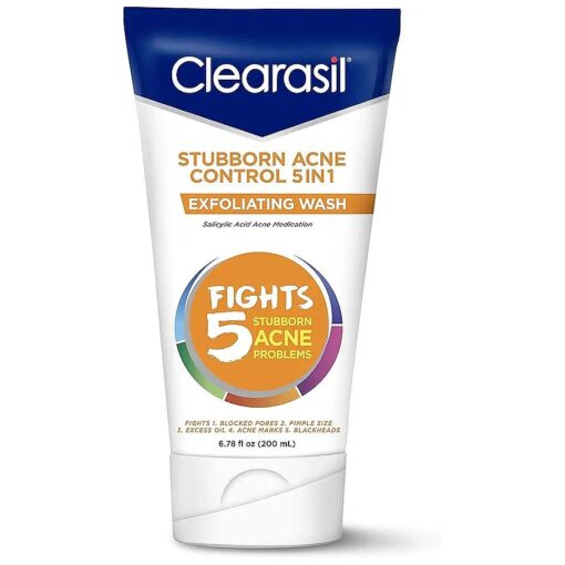 Clearasil Stubborn Acne Control 5in1 Exfoliating Wash, Maximum Strenght with 2 % Salicylic Acid Acne Treatment Medicine, Daily Acne Facial Cleanser 6.78 fl oz