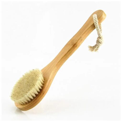 9.84" Short Handle Dry Body Brush Back Scrubber, Bamboo Handle and Natural Boar Bristles Bath & Shower Brush, Good for Blood Circulation, Exfoliating, Cellulite and Detox, etc .