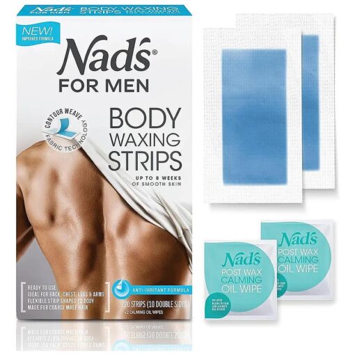 Nad 's For Men Body Wax Strips - Wax Hair Removal For Men - At Home Waxing Kit With 20 Waxing Strips + 2 Calming Oil Wipes