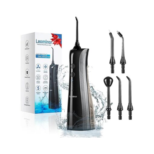 Leominor Water Dental Flosser Pick for Teeth - 5 Modes Cordless Portable Water Teeth Cleaner IPX7 Waterproof Oral Irrigator Rechargeable, Professional Flossing Cleaning Picks for Home Travel ( Black )