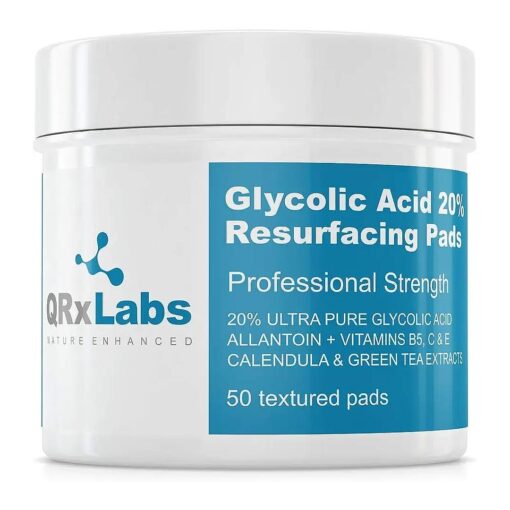 QRxLabs Glycolic Acid 20 % Resurfacing Pads for Face & Body with Vitamins B5, C & E, Green Tea, Calendula, Allantoin - Exfoliates Surface Skin and Reduces Fine Lines and Wrinkles - Peel Pads