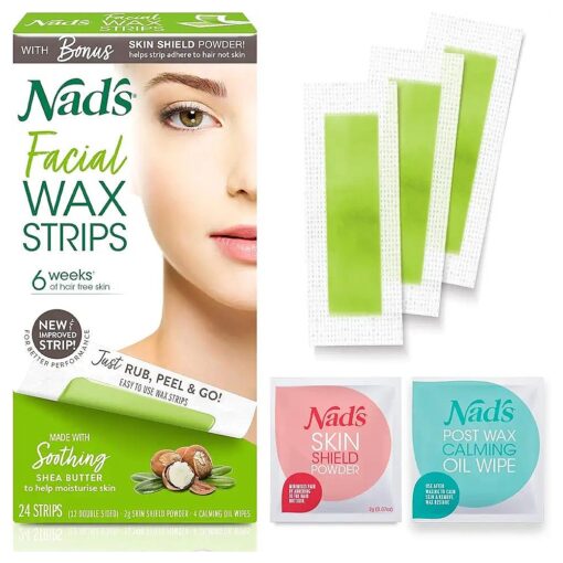 Nad 's Facial Wax Strips - Facial Hair Removal for Women - Waxing Kit With 48 Face Wax Strips + 8 Calming Oil Wipes + Skin Protection Powder