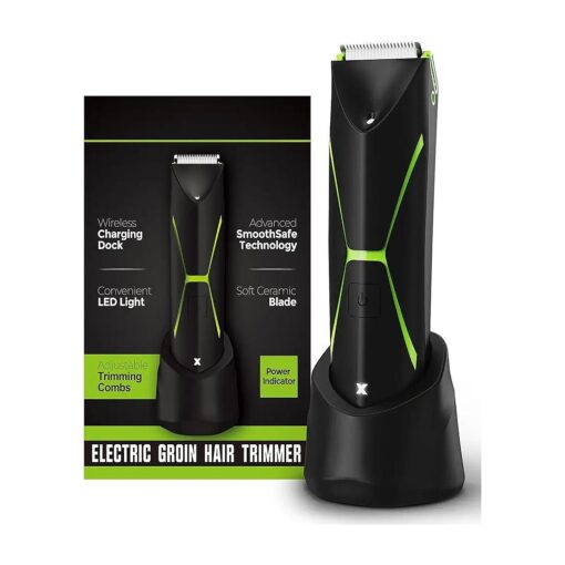 Brightman Body Hair Trimmer for Men - Mens Ball Trimmer, Groin Hair Trimmer with 3 Sizes Trimming Combs, Waterproof Electric Razor for Men with Replaceable Ceramic Blade & Wireless Charger Dock