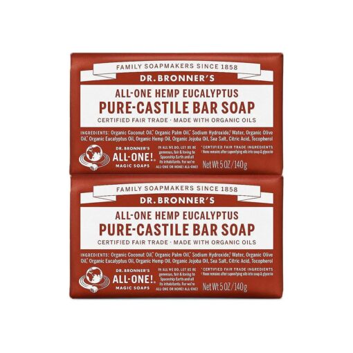 Dr. Bronner 's - Pure-Castile Bar Soap ( Eucalyptus, 5 ounce, 2-Pack ) - Made with Organic Oils, For Face, Body and Hair, Gentle and Moisturizing, Biodegradable, Vegan, Cruelty-free, Non-GMO