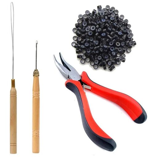 TIHOOD Hair Extension Kit Pliers Pulling Hook Bead Device Tool Kits and 200PCS Black Silicone Lined Micro Rings