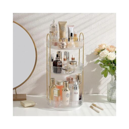 Rotating Makeup Organizer for Vanity, Large Skincare Make Up Storage Perfume Organizers for Bathroom Counter, Clear Cosmetic Dresser Organizer, Lipstick Toiletry Spinning Holder ( 3 Tiers, White )