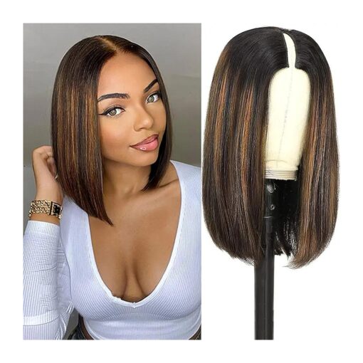 haha V Part Ombre Bob Wig Human Hair Honey Blonde Highlight V Part Wig No Leave Out Upgrade Thin U Part Bob Wig Colored Brazilian Straight Short Bob Wig For Women Black Brown 12 Inch 150 % Density