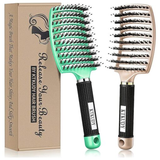 KTKUDY Detangling Brush Getting Knots Out without Pain - Boar Bristles Hair Brush Make Hair Shiny & Healthier Vented Detangler Brush for Women Men Kids Wet and Dry Hair ( Gold & Green )