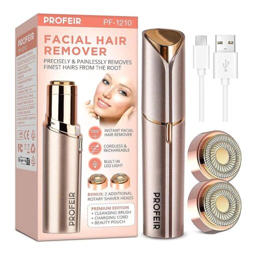 Facial Hair Removal for Women : Hair Removal Device - Rechargeable Face Razors for Women - Face Shaver for Women Upper Lips, Chin & Cheeks, 2 x Replacement Heads Included ( Rose Gold )