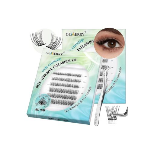 GEMERRY Self Adhesive Eyelashes 84Pcs Lash Clusters DIY Lash Extension Kit Cluster Lashes Kit Press-On Eyelashes Cat Eye Lashes Wispy, No Glue & Eyeliner Needed Lashes 10-12-14-16mm Mixed Tray Lashes