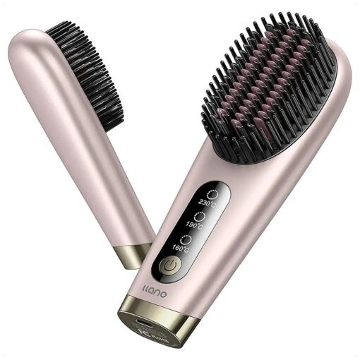 Llano Portable Cordless Hair Straightener Brush, No Blowing Air and Not a Hot Air Brush, 100 Million Negative Ions Enhance Smoothing and Straightening, for Effortless Styling On The Go ( Rose Gold )