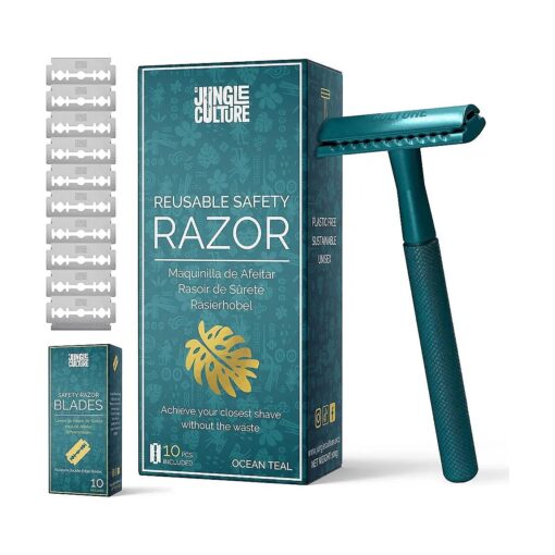 Jungle Culture Safety Razor with 10 Double Edge Blades * One Blade Metal Razors for Women & Men for Body & Face * Eco Friendly & Reusable Shaver * Teal