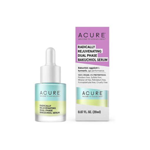 Acure Radically Rejuvenating Dual Phase Bakuchiol Serum - Anti-Aging & Soothing Skin Support - All Natural Made with Eggplant, Turmeric & Bakuchiol - Vegan Skin Care, Hydrates & Defends - 0.67 oz