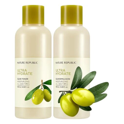 Nature Republic Toner Emulsion Set with Olive Leaf Extracts - Home Skin Care Moisturizer Set with Real Egyptian Olive 10,000ppm, Shea Butter, Vitamin E