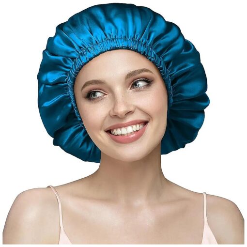 YFONG 22 Momme 100 % Mulberry Silk Sleep Cap for Women, Double Layer Silk Night Bonnet for Sleeping Curly Hair, Adjustable Silk Hair Wrap with Elastic Stay On Head ( 1Pc, Blue )