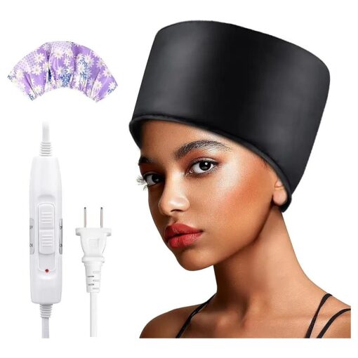 Heated Electric Thermal Steamer Cap for Natural Black Afro Hair - Hot Spa Treatment Hat with Temperature Control for Deep Conditioning at Home - Black