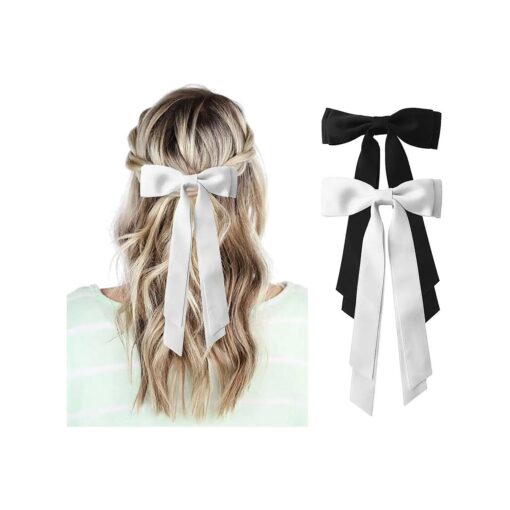 Black and White Hair Bows for Women - 2Pcs Silkly Satin Hair Ribbon Bow with Metal Clips Hair Accessories for Girls