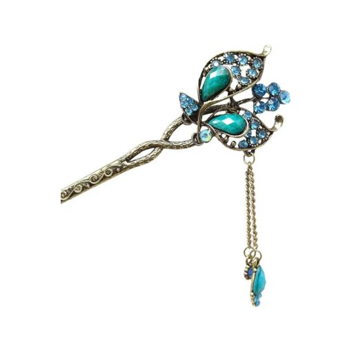 Honbay Chinese Style Retro Tassel Blue Butterfly Hair Stick Hair Chopsticks Hairpin Chignon Pin