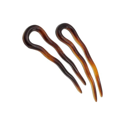 Camila Paris AD823 French Twist Stick Hair Fork, 2 Small Wavy U Shaped Hair Pin Clip for Spiral Updo Bun, Tortoise Shell, Fashion Flexible Durable Styling Hair Accessories for Women, Made in France