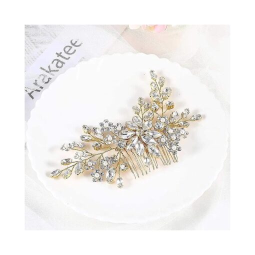 Catery Flower Crystal Bride Wedding Hair Comb Hair Accessories with Pearl Bridal Side Combs Headpiece for Women ( Gold )