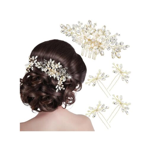 5 Pieces Pearl Wedding Hair Side Comb Crystal Bride Wedding Hair Comb U-shaped Bride Wedding Hair Pins Rhinestone Hair Accessories Pearl Flower Hair Comb for Women and Girls ( Gold )