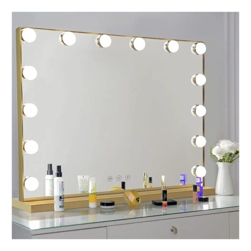 Depuley Hollywood Mirror with Lights, 20x16 Inch Vanity Mirror with Lights with 14 Dimmable LED Bulbs and 10X Magnification, Touch Control, 3 Colors Modes, USB Charging Port, Metal Frame, Gold