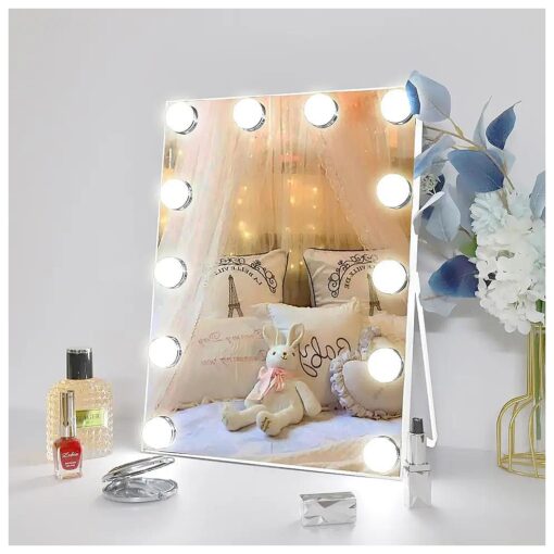 Vanity Mirror with Lights, Hollywood Lighted Makeup Mirror with 3 Color Modes and 12 Dimmable Diamond LED Light Bulbs, 360deg Rotation, Touch Control, White