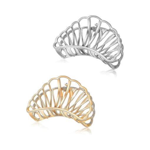 Metal Hair Clips Hairgrip Strong Jaw Clips Clamps Non-Slip Hair Barrette For Women Thick Hair ( Fan Silver+Fan Pale Gold )