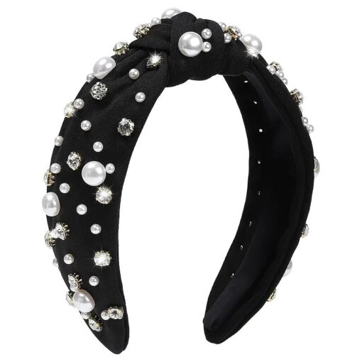 WantGor Pearl Knotted Headband, Women Rhinestone Embellished Hairband Elegant Wide Top Knot Bride Headbands Headpieces Party Fashion Elegant Ladies Hair Band Hair Hoop Accessories ( Black )