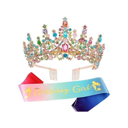 Velscrun Rainbow Color Crystal Birthday Tiara Crowns for Women Girls Elegant Princess Crown with Combs Birthday Girl Headband Sash Happy Birthday Party Decorations Birthday Gift Hair Accessories