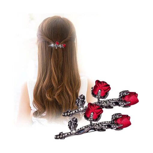 Vintage Crystal Rose Hair Clips, Elegant Rhinestones Rose Flower Metal Hair Clips Hair Barrette Ponytail Holder Slide Clips Hair Jewelry for Wedding, Party, Birthday and Holiday Gifts ( red-2PCS )