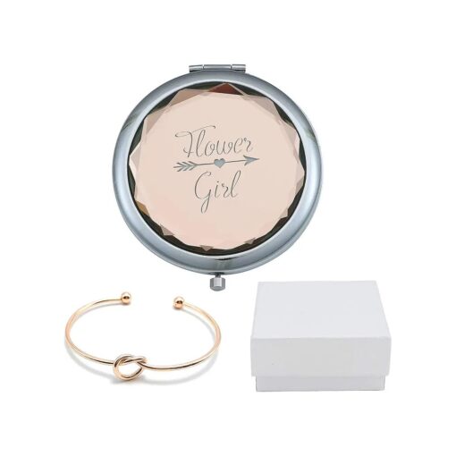 Flower Girl Champagne Compact Pocket Makeup Mirror with Rose Gold Knot Bracelet and Gift Box for Wedding Proposal Gift