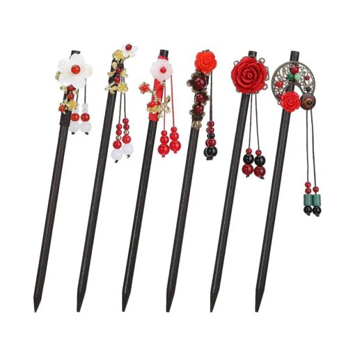 WILLBOND 6 Pcs Chinese Hair Chopsticks for Women Wooden Hair Accessories Japanese Floral Hair Sticks Retro Tassel Flower Vintage Hairpins Handmade Hair Pins for Girls Long Curly Hair ( Vintage Pattern )