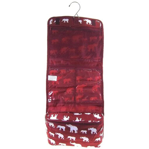 Elephant Print Hanging Cosmetic Travel Toiletry Makeup Bag Burgundy Red