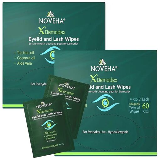 NOVEHA Demodex Eyelid & Lash Wipes | Box of 60 Individually Wrapped Extra Strength Cleansing Eyelash Wipes - Battles Irritated Eyes - Naturally Remove Debris ( Pack of 2 )