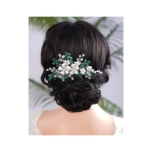 Kercisbeauty Emerald Crystal Hair Comb for Women Vintage Wedding Bridal Hair Accessories Silver Flower Hair Jewelry ( Green )