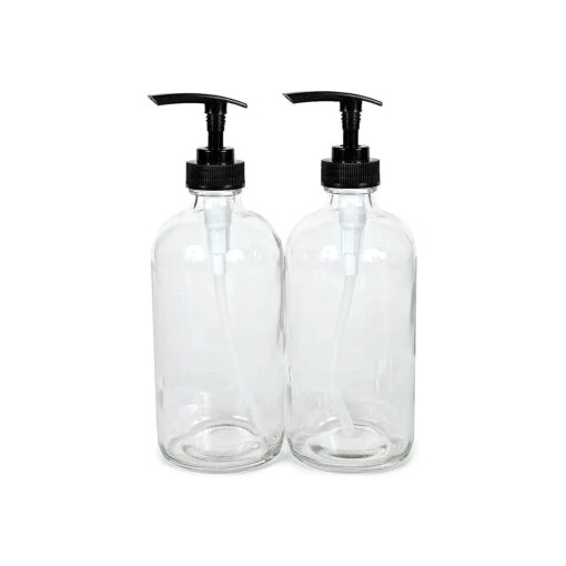 Vivaplex, 2, Large, 16 oz, Empty, Clear Glass Bottles with Black Lotion Pumps