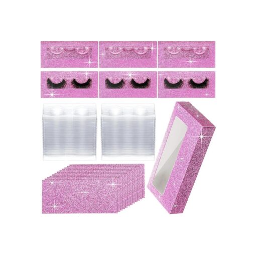 50 Sets Empty Eyelash Case Set, Include 50 Empty Eyelash Box Lash Box Packaging Eyelash Storage Box, 50 Eyelash Box Tray False Eyelash Storage Box Tray, 50 Internal Background Paper ( Pink )