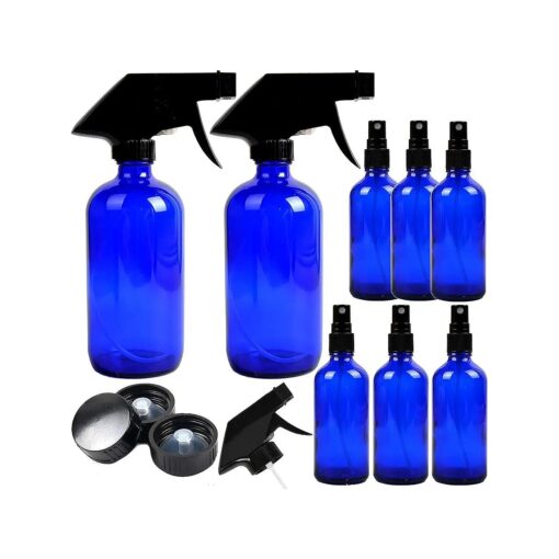 Youngever 8 Pack Empty Cobalt Blue Glass Spray Bottles, 2 Pack 8 Ounce and 6 Pack 4 Ounce Refillable Containers for Essential Oils, Durable Black Trigger Sprayer Fine Mist and Stream