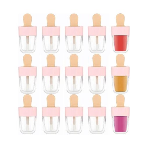 RONRONS Lip Gloss Tubes, 15 Pieces Pink Ice-cream Shaped Empty Lip Gloss Containers Cute Mini Lipgloss Tubes with Wand for DIY Cosmetic Sample Bottles, 8ml