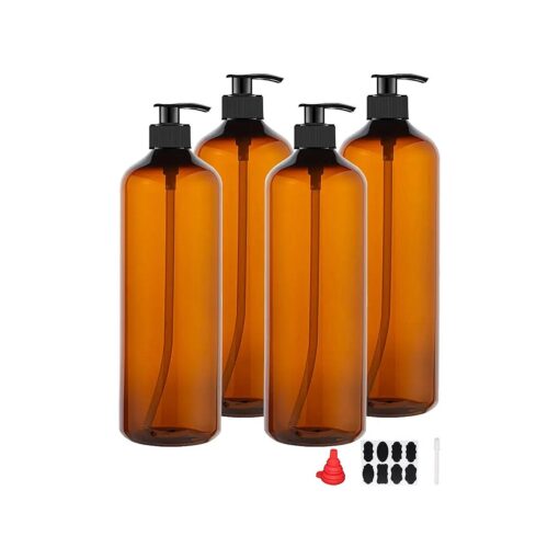 4 Pack 32 OZ Empty Plastic Pump Bottles with 1 Pen, Labels & Silicone Funnel, Amber Empty Shampoo Bottles with Pumps for Body Wash, Shampoo, Massage Lotion, Gel by zmybcpack