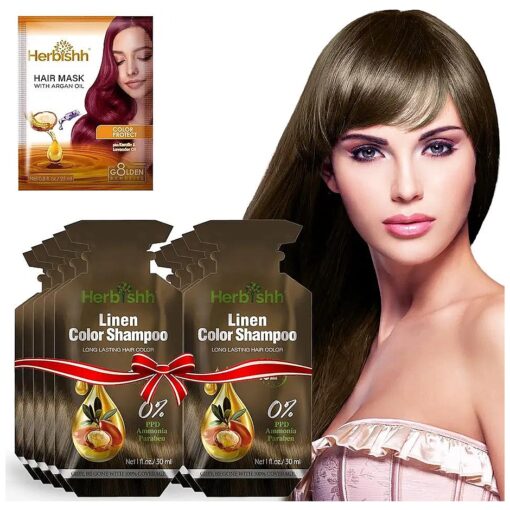 Herbishh Hair Color Shampoo 10 Sachet +1 Argan Hair Mask Pouch | 3 in 1 Hair Dye | PPD Free | Easy to Use | Gray Coverage | Travel Size | Available in 6 Colors | Long Lasting Hair Color | ( Linen )