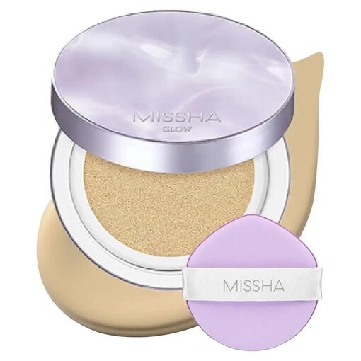 MISSHA Serum Cushion Glow Layering Fit Cushion Foundation No.21 Vanilla Light Beige for Bright Skin, Korean Foundation Makeup, Rich-Texture, Full-Coverage, 24-Hr Hydrating, Triple Glow System