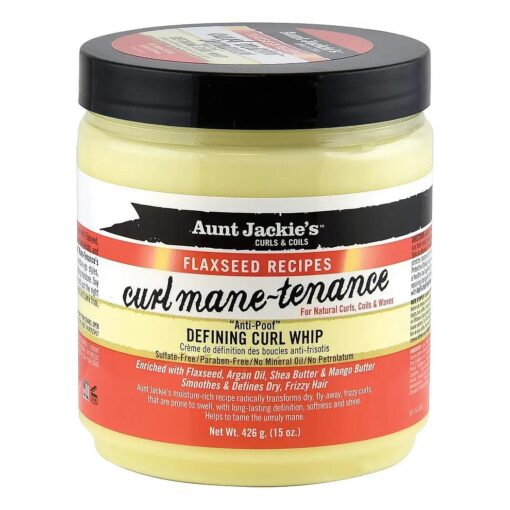 Aunt Jackie 's Flaxseed Recipes Curl Mane-tenance, Lightwieght Anti-Poof Defining Curl Whip, Enriched with Flaxseed, Argan Oil and Shea Butter, Great for Dry and Frizzy Hair, 15 Oz Jar, Orange