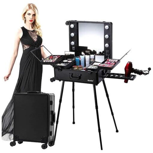 Kemier Makeup Case, Professional Artist Studio Cosmetic Train Table w/4 Rolling Wheels & Lights & Mirror, Pro Makeup Station, Cover Board and Easy Clean Extendable Trays, Adjustable Legs, Sturdy ( Black )