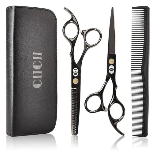 CIICII Hair Cutting Scissors Shears Kit, Professional Hairdressing Scissors Set ( Hair Beard Trimming Shaping Grooming Thinning Shears ) for Men Women Hairdresser Home Salon Barber Haircut Kit ( Black )