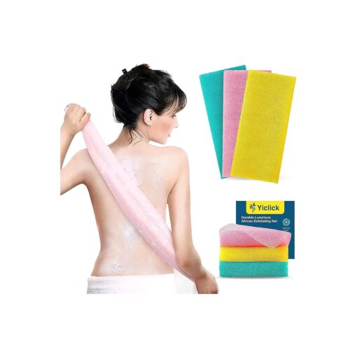 Yiclick Exfoliating Body Scrubber, Back Scrubber for Shower Bath, Exfoliating Washcloth Towel for Men Women, Body Exfoliator Loofah Luffa Sponge Net Rag Back Washer ( Green+Pink+Yellow )