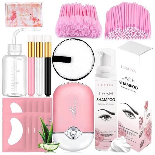 250ml/8.45fl.oz Eyelash Extension Cleanser Lash Shampoo Mini USB Portable Lash Fan Eyelid Shampoo Brush Eye Gel Pads Wash Bottle Mascara Brush Applicator Makeup Remover Pad, Gentle Oil Free ( Rose )