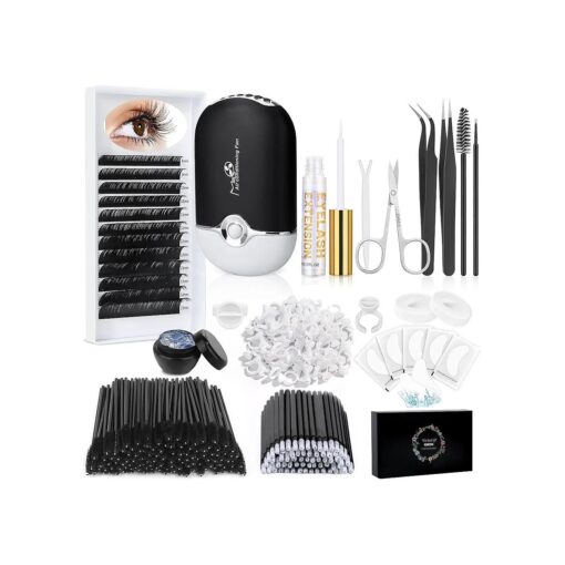 Eyelash Extension Kit with Lash Clusters, Lashes Fan, Glue, Remover, Brush, Clean Bottle for Lash Extension Supplies, Practice Lash Tool Kit for Eyelash Extensions Beginners